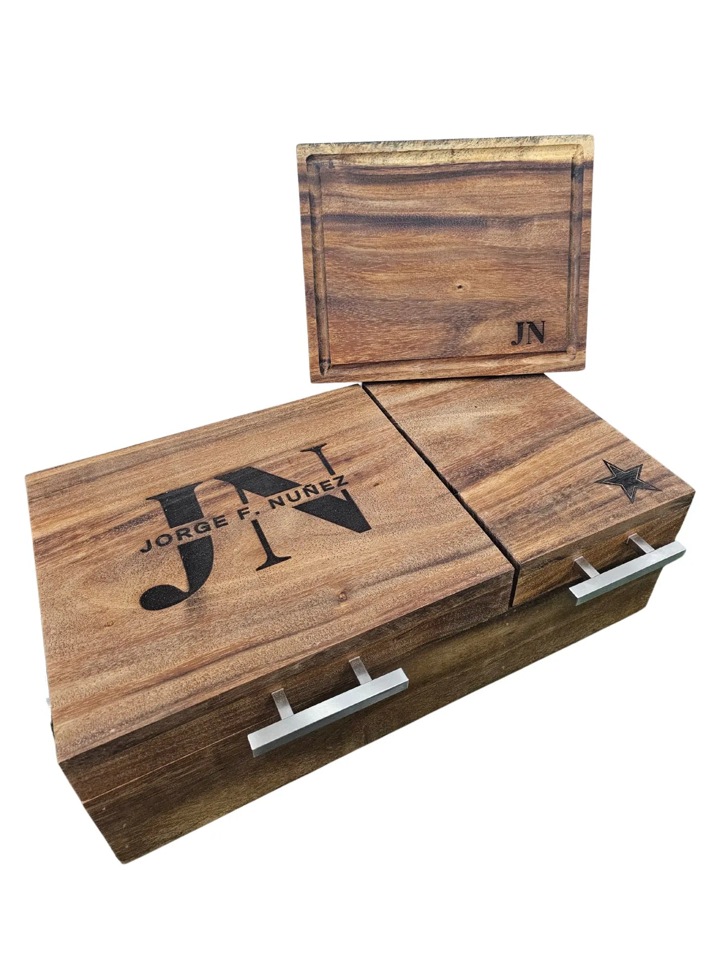 Caja parota sólida doble inserto 30x35x17 cm con tabla para carne asada y Grill Box