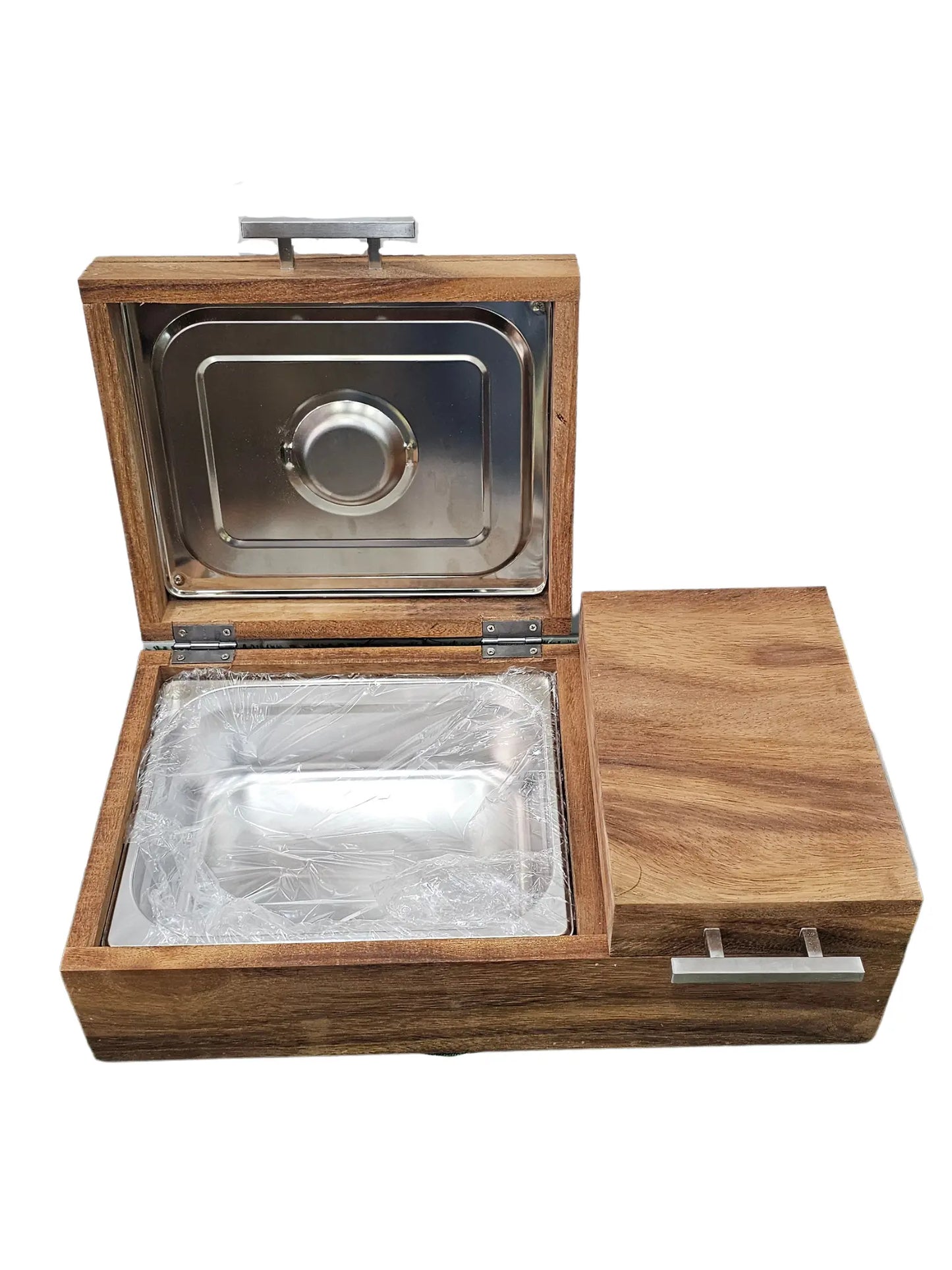 Caja parota sólida doble inserto 30x35x17 cm con tabla para carne asada y Grill Box