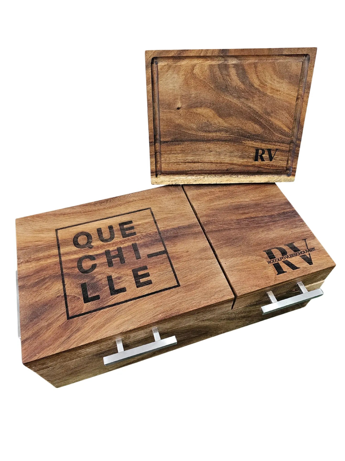 Caja parota sólida doble inserto 30x35x17 cm con tabla para carne asada y Grill Box