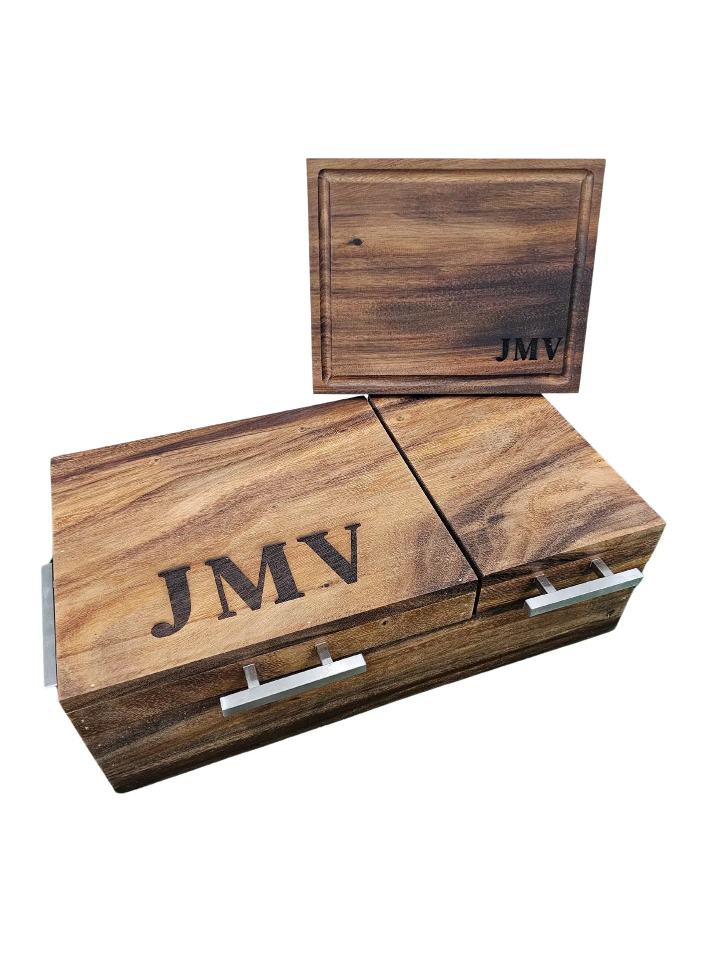 Caja parota sólida doble inserto 30x35x17 cm con tabla para carne asada y Grill Box