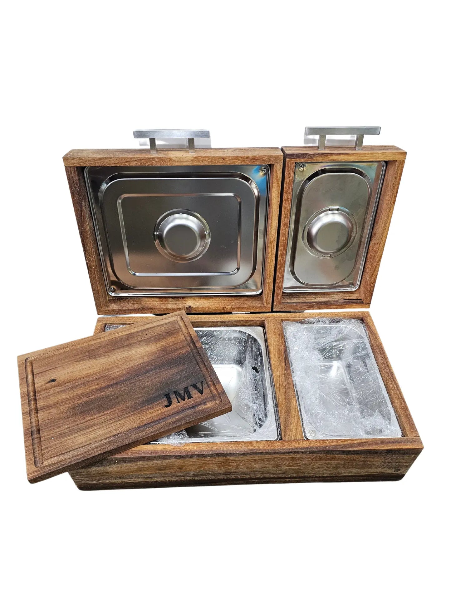 Caja parota sólida doble inserto 30x35x17 cm con tabla para carne asada y Grill Box