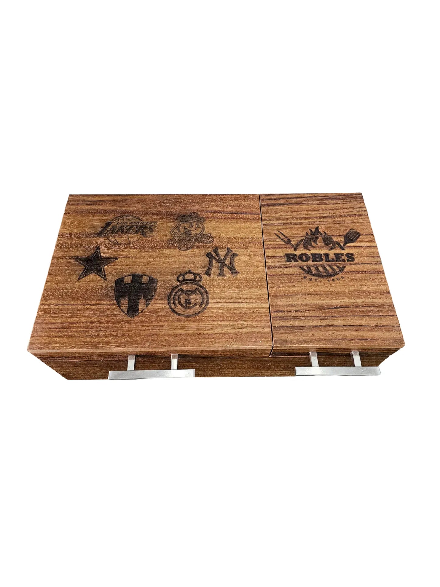 Caja parota ligera doble inserto 30x35x17 cm con tabla para carne asada y Grill Box