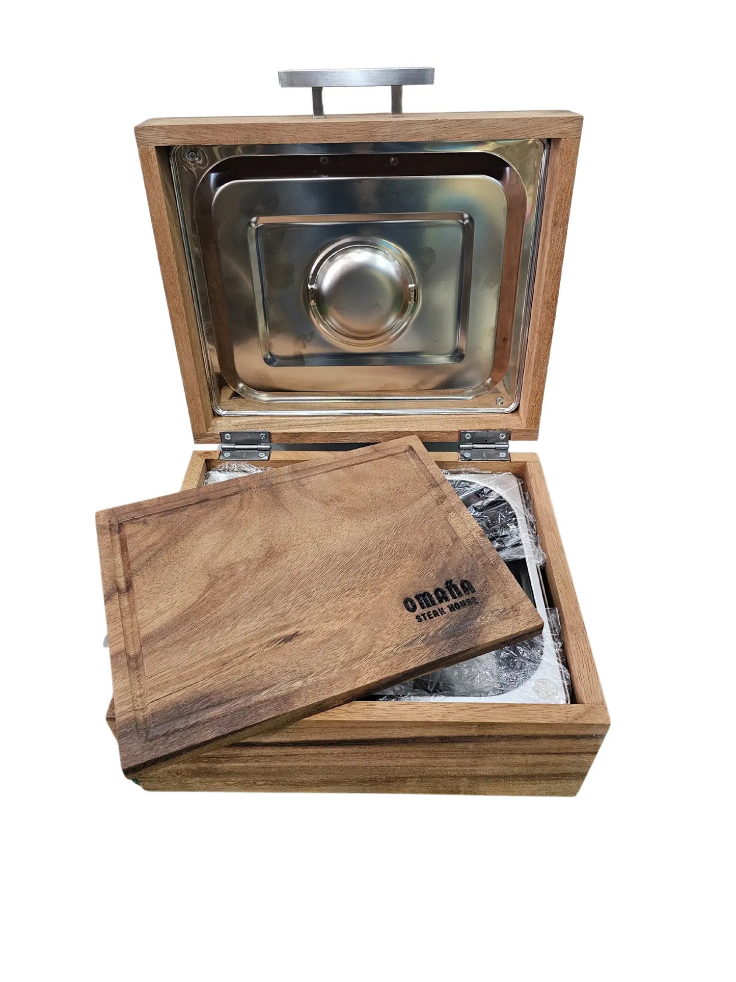 Caja parota sólida 30x35x17 cm con tabla para carne asada y Grill Box