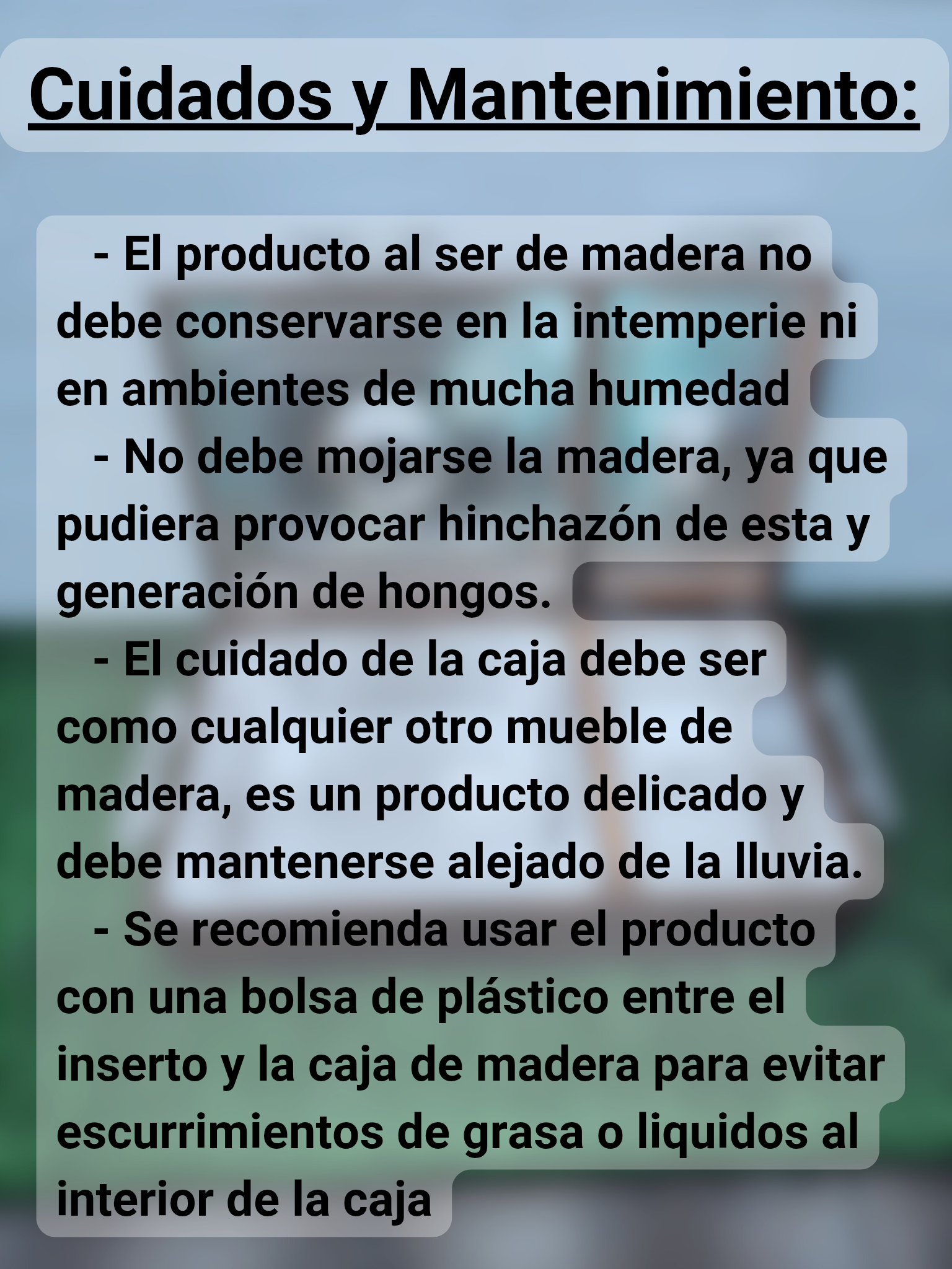 Precauciones en el uso de la caja de madera